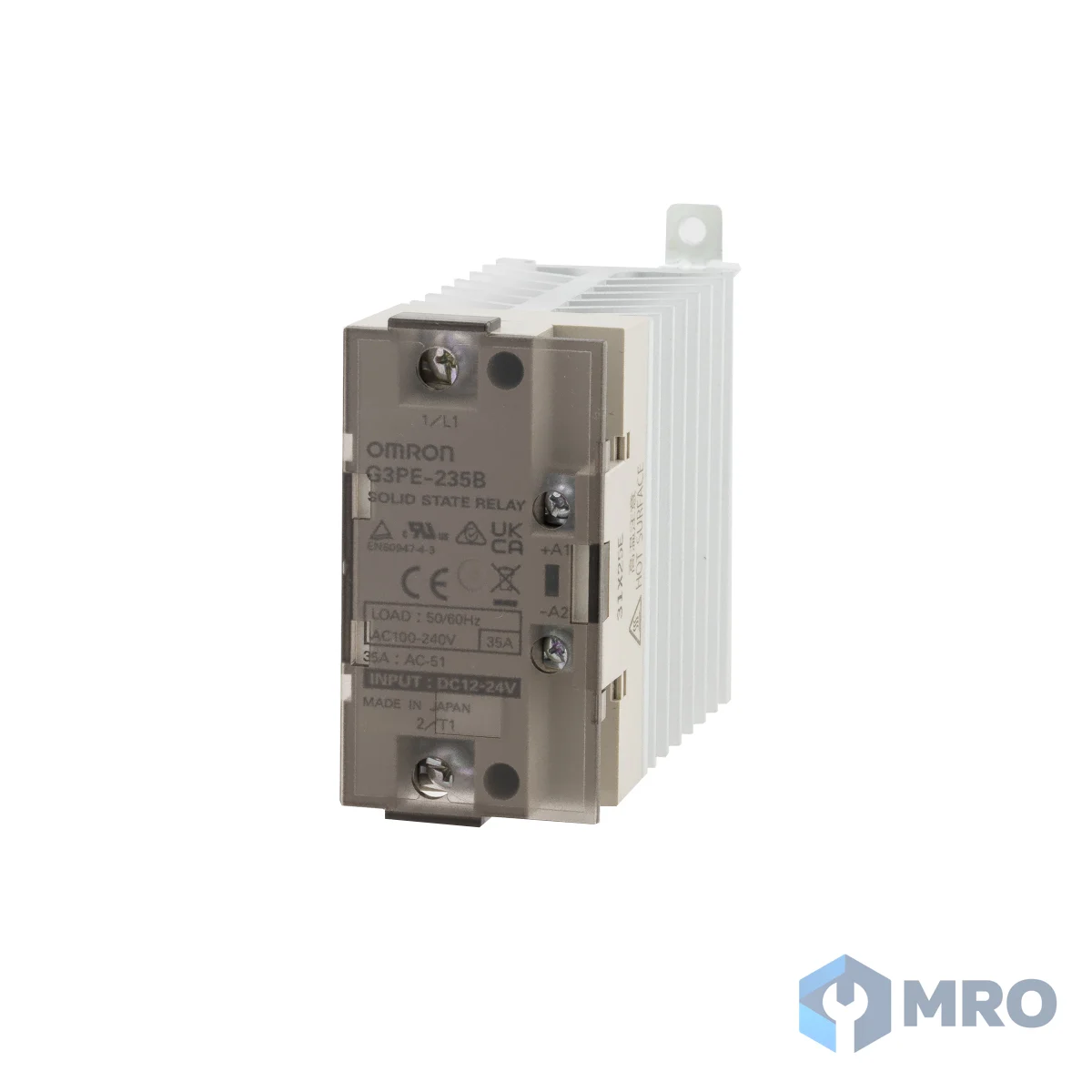 Omron G3PE-235B DC12-24 โซลิดสเตตรีเลย์สำหรับฮีตเตอร์ Omron G3PE-235B (35A, 100–240VAC, มีฮีทซิงค์ในตัว, ติดราง DIN)