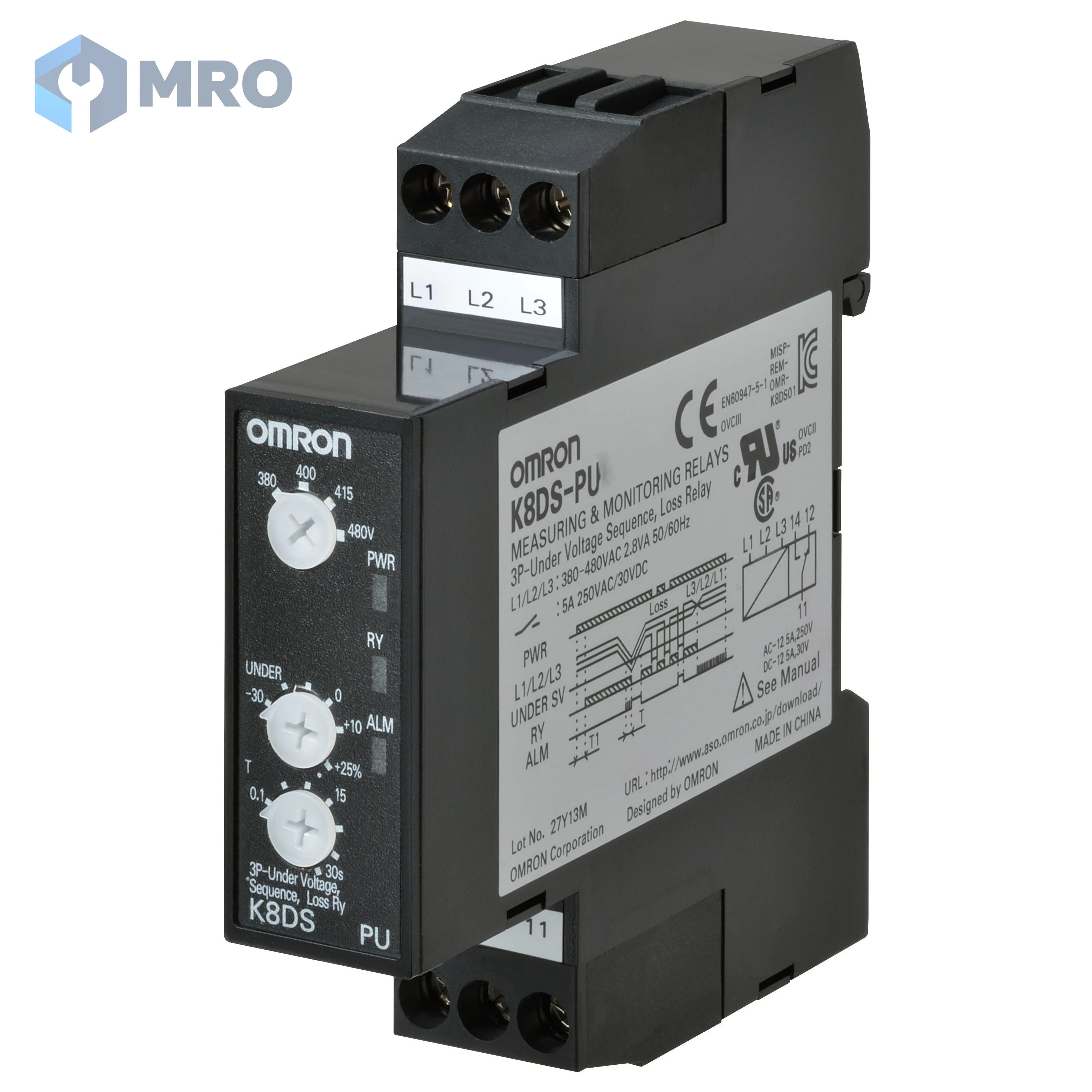 Omron K8DS-PU1 รีเลย์ป้องกันเฟส 3 เฟส Omron K8DS-PU1 (แรงดันตก/เฟสกลับ/เฟสขาด, 200–240VAC, กว้าง 17.5 มม.)