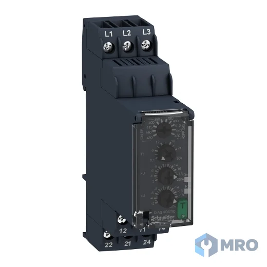 Schneider Electric RM22TR33 รีเลย์ป้องกันแรงดันเกิน/ตก + เฟส Schneider RM22TR33 (3 เฟส 380–480 VAC, 2C/O)