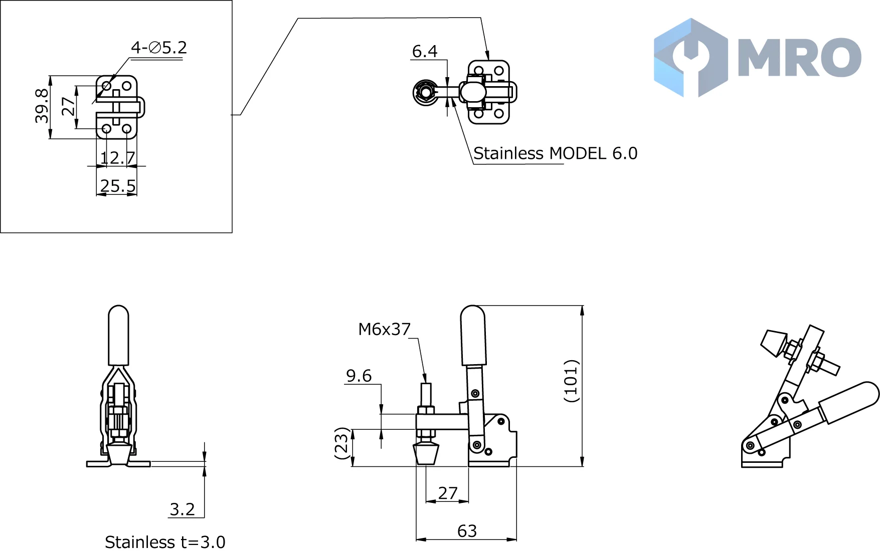 Kakuta No.HV250 ท็อกเกิลแคลมป์ Kakuta No.HV250 แบบกดลง ด้ามแนวตั้ง (โบลท์หัวยาง) แรงยึด 0.9 kN