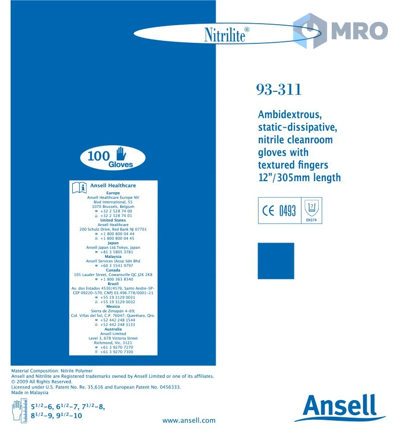 Ansell NO93-311-M ถุงมือไนไตรล์ห้องคลีนรูม Ansell Nitrilite 93-311 ไซซ์ M (แพ็ก 100 ชิ้น)