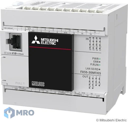 Mitsubishi Electric FX5S-30MT/ES PLC Mitsubishi iQ-F FX5S-30MT/ES อินพุต 16 จุด / เอาต์พุตทรานซิสเตอร์ 14 จุด ไฟเลี้ยง 100–240 VAC
