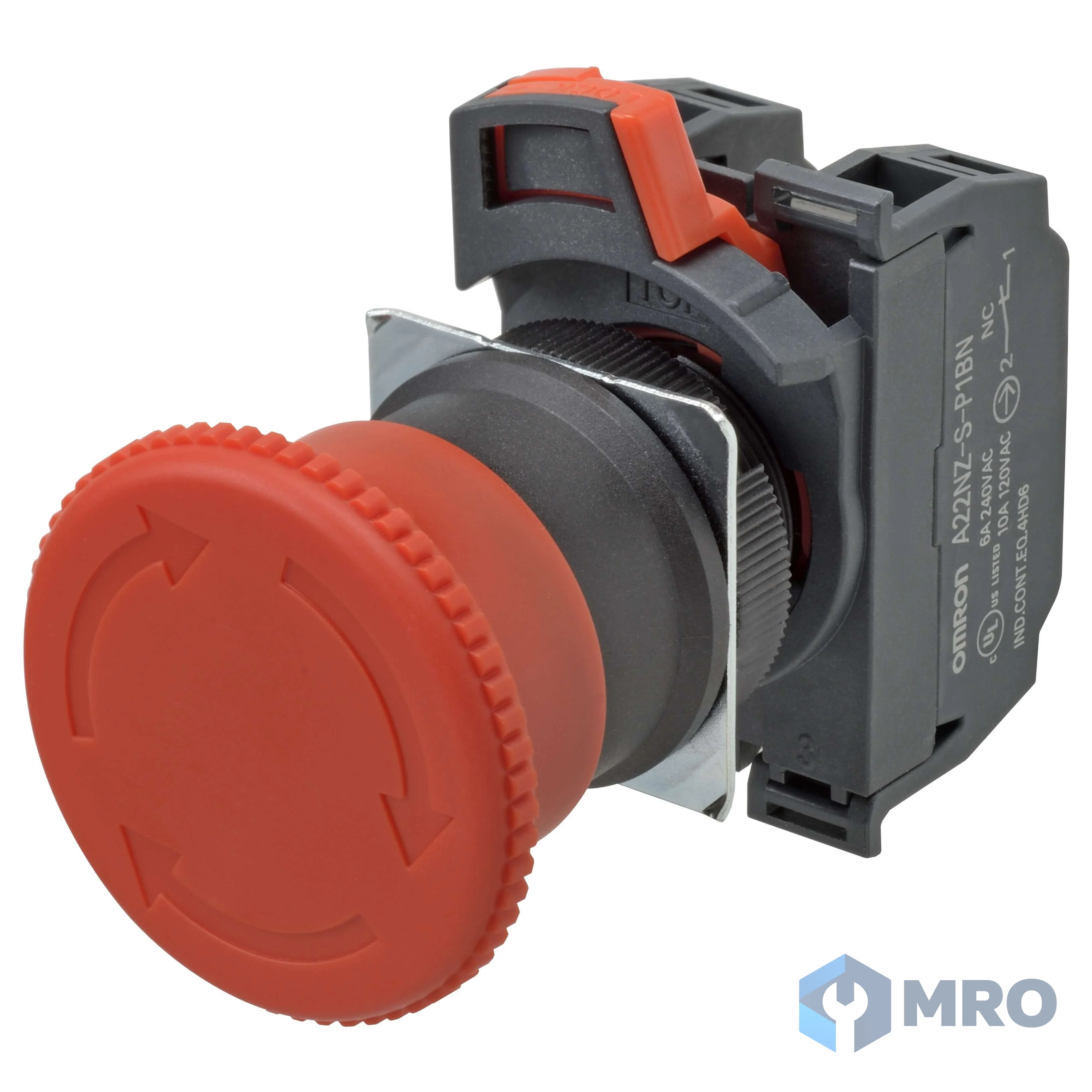 Omron A22NE-M-P202-N สวิตช์ปุ่มกดหยุดฉุกเฉิน (E-Stop) Omron A22NE-M-P202-N หัวเห็ด 40 มม. กดล็อกบิดคลาย 2NC