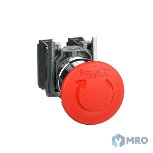 Schneider Electric XB4BS8445 สวิตช์ปุ่มกดหยุดฉุกเฉิน (E-Stop) Schneider XB4BS8445 หัวเห็ด 40 มม. บิดคลาย 1NO+1NC ขอบโลหะ