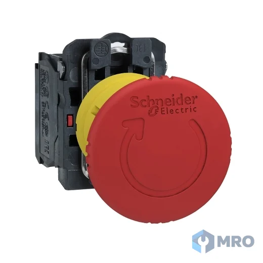 Schneider Electric XB5AS8442 สวิตช์ปุ่มกดหยุดฉุกเฉิน (E-Stop) Schneider XB5AS8442 หัวเห็ด 40 มม. บิดคลาย 1NC ขอบพลาสติก